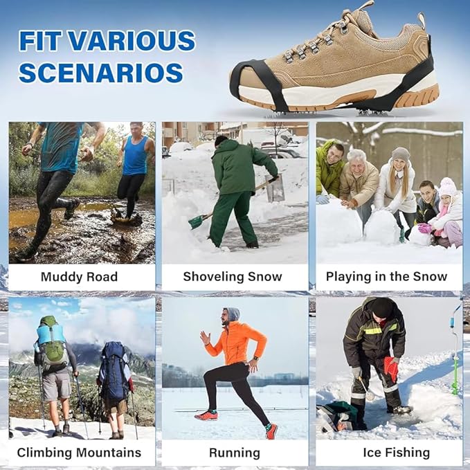 Ice Cleats for Boots and Shoes, Anti-Slip Traction Grips, 10-Stud Winter Snow Grippers, Black