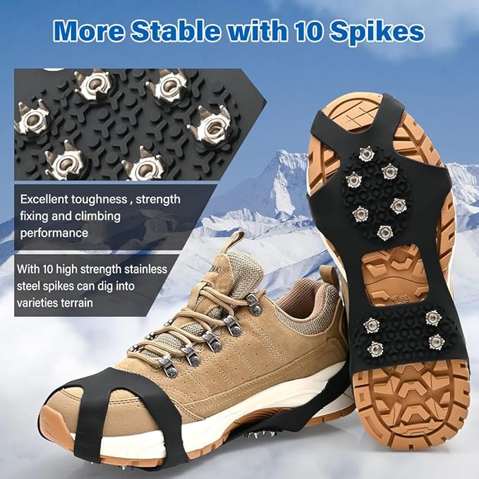 Ice Cleats for Boots and Shoes, Anti-Slip Traction Grips, 10-Stud Winter Snow Grippers, Black