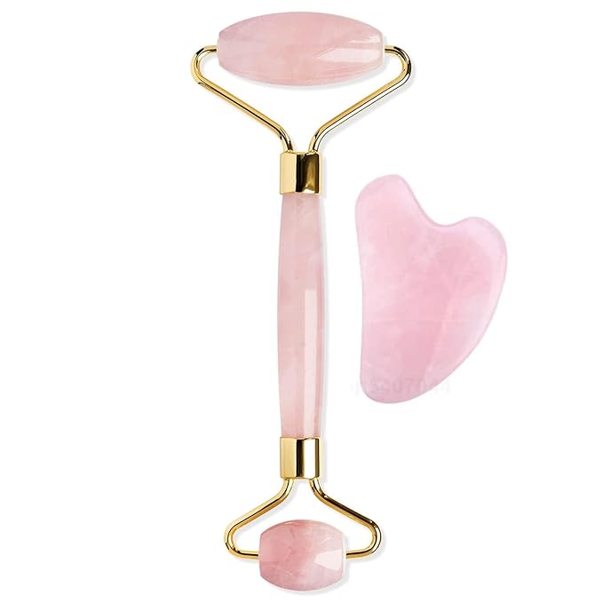 Rose Quartz Roller and Gua Sha Set - Anti-Aging Facial Roller for Face, Dark Circles & Puffiness - Natural Rose Quartz Massager for Smooth Skin, Contouring, and Relaxation