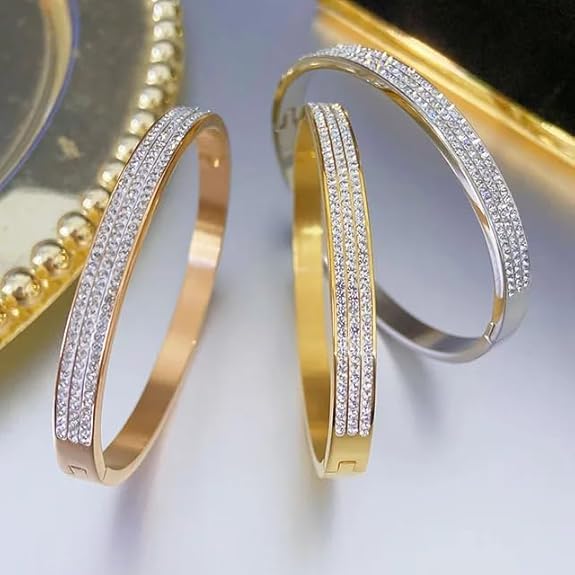 Women Fashion Artificial Jewelry Full Diamond Luxury Bracelet Crystal Rhinestone Rose Gold Bracelet Simple Stainless Steel Bangles
