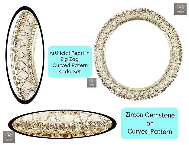 Golden kada set with artificial pearls and zircon gemstones in an intricate curved pattern.