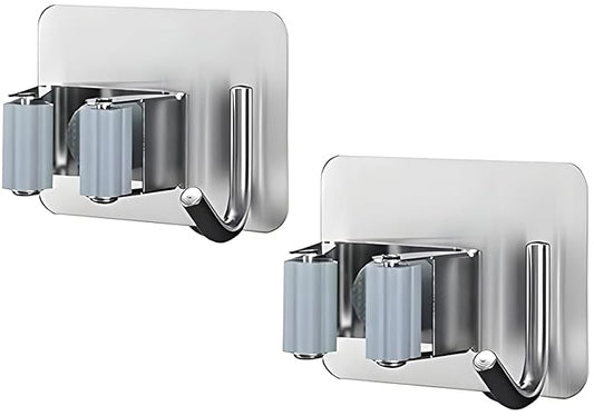 Wall Mounted Mop and Broom Holder - No Drilling Stainless Steel Organizer Rack for Home & Kitchen (Silver, Pack of 2)