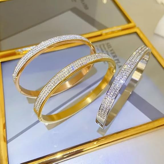 Women Fashion Artificial Jewelry Full Diamond Luxury Bracelet Crystal Rhinestone Rose Gold Bracelet Simple Stainless Steel Bangles