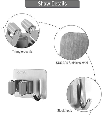 Wall Mounted Mop and Broom Holder - No Drilling Stainless Steel Organizer Rack for Home & Kitchen (Silver, Pack of 2)