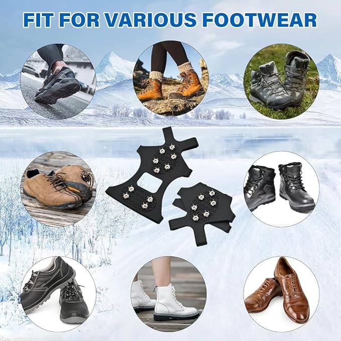 Ice Cleats for Boots and Shoes, Anti-Slip Traction Grips, 10-Stud Winter Snow Grippers, Black