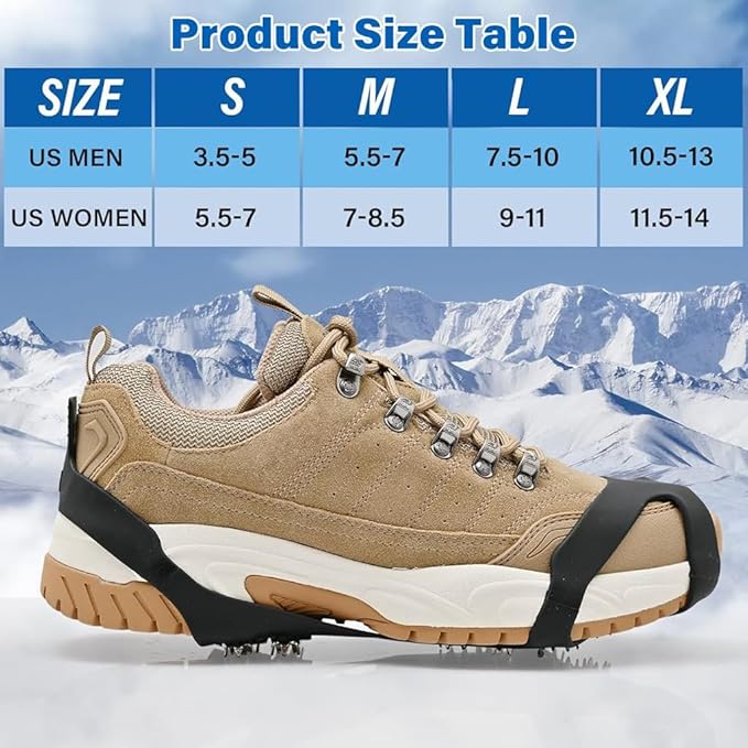 Ice Cleats for Boots and Shoes, Anti-Slip Traction Grips, 10-Stud Winter Snow Grippers, Black