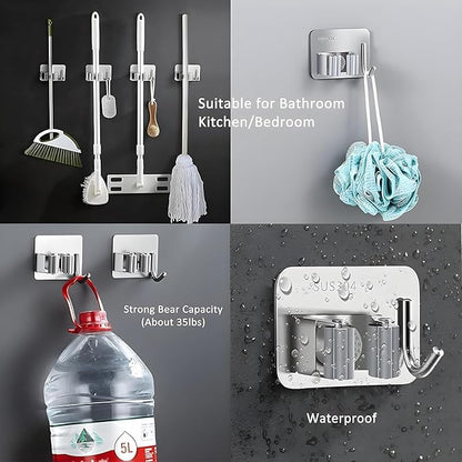 Wall Mounted Mop and Broom Holder - No Drilling Stainless Steel Organizer Rack for Home & Kitchen (Silver, Pack of 2)