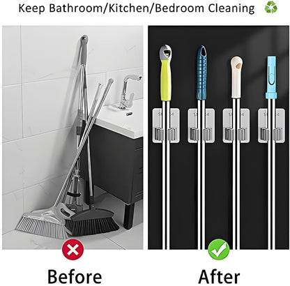 Wall Mounted Mop and Broom Holder - No Drilling Stainless Steel Organizer Rack for Home & Kitchen (Silver, Pack of 2)