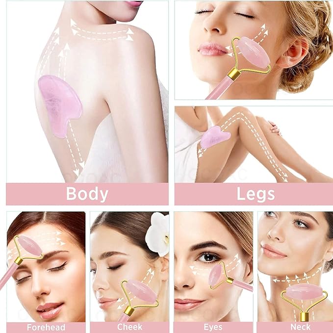 Rose Quartz Roller and Gua Sha Set - Anti-Aging Facial Roller for Face, Dark Circles & Puffiness - Natural Rose Quartz Massager for Smooth Skin, Contouring, and Relaxation