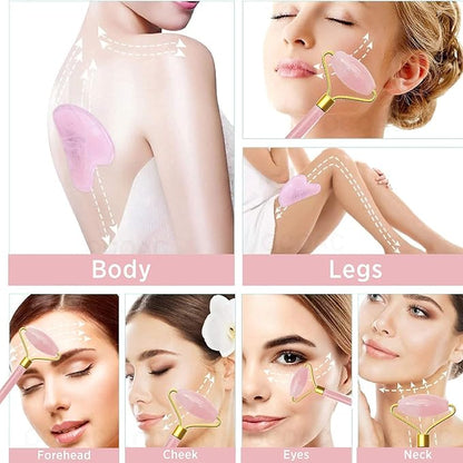 Rose Quartz Roller and Gua Sha Set - Anti-Aging Facial Roller for Face, Dark Circles & Puffiness - Natural Rose Quartz Massager for Smooth Skin, Contouring, and Relaxation