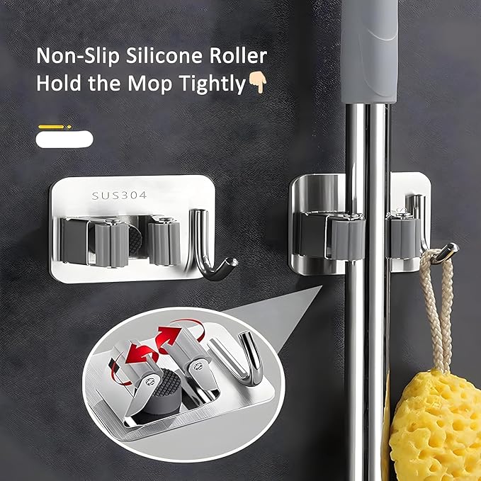 Wall Mounted Mop and Broom Holder - No Drilling Stainless Steel Organizer Rack for Home & Kitchen (Silver, Pack of 2)